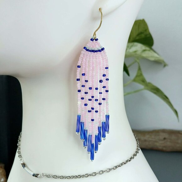 Pink & Blue Beaded Fringe Cascade Shoulder Duster Dangle Earrings, Boho Chic 4" - Picture 1 of 7